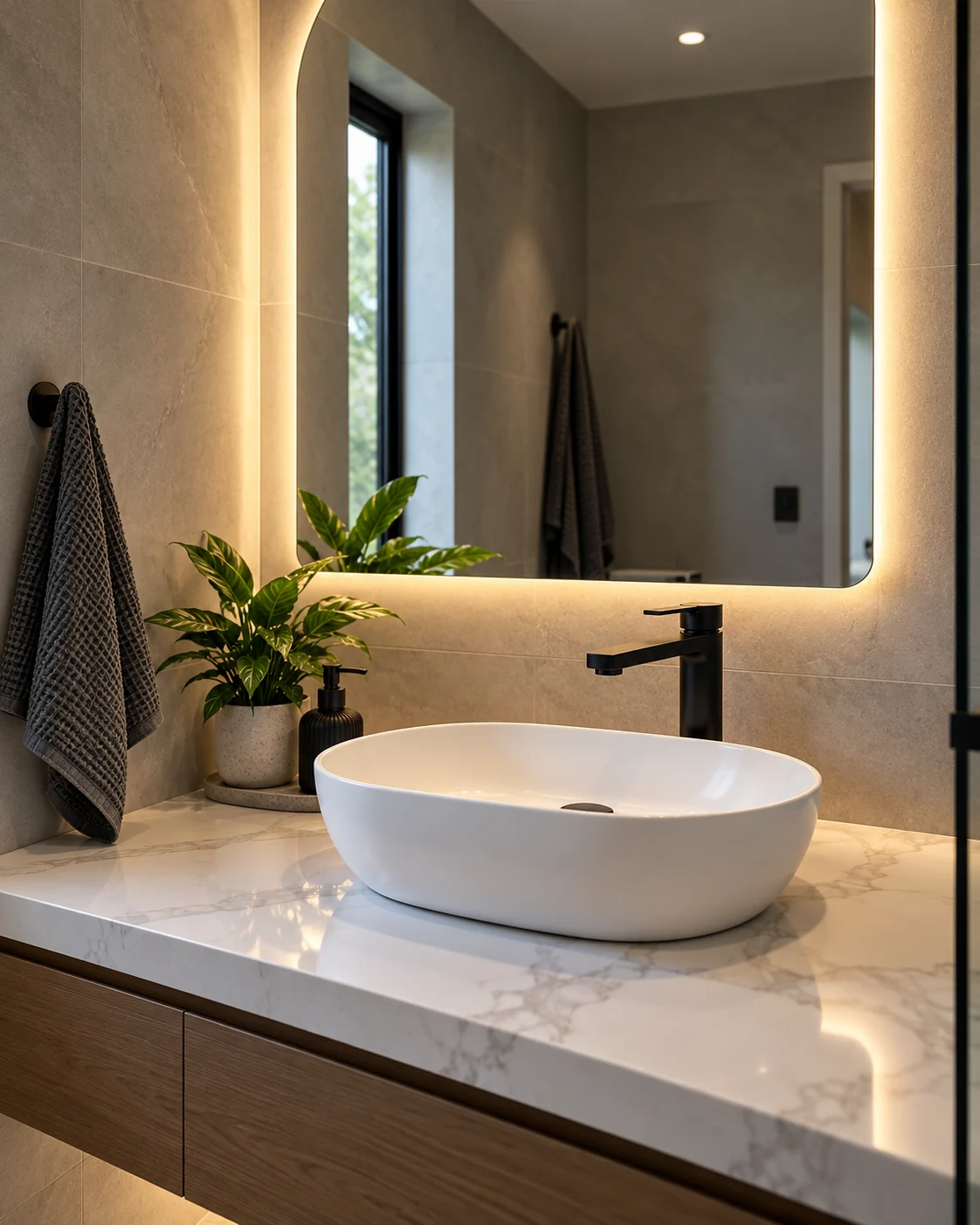 Bathroom vanity with vessel basin and mirrored cabinet.